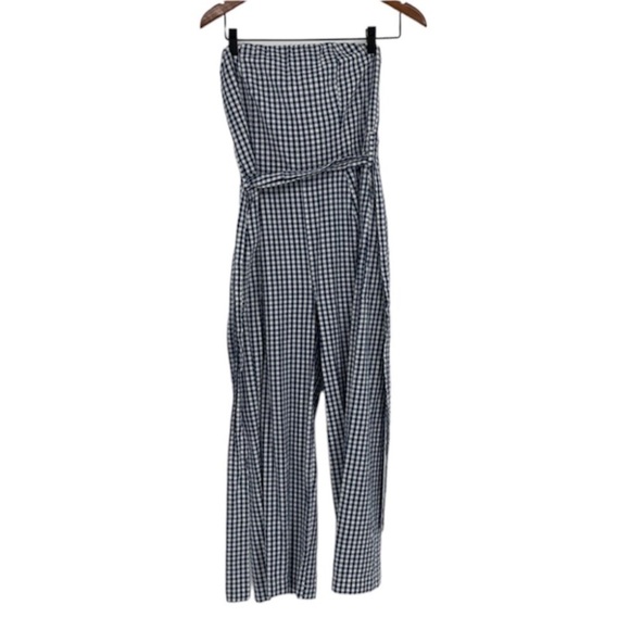 Kenar Gingham blue white checkered strapless jumpsuit waist tie  100% cotton XS - Picture 3 of 16